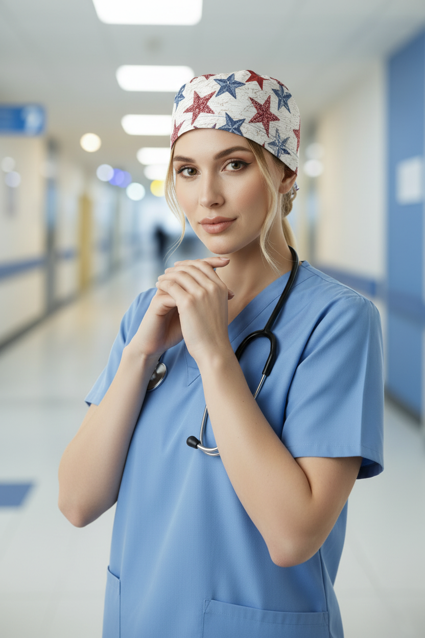 Nurse with 4th of July Patriotic Scrub Cap